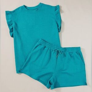 Teal Textured Ruffle Split Top and Drawstring Shorts **NEW**